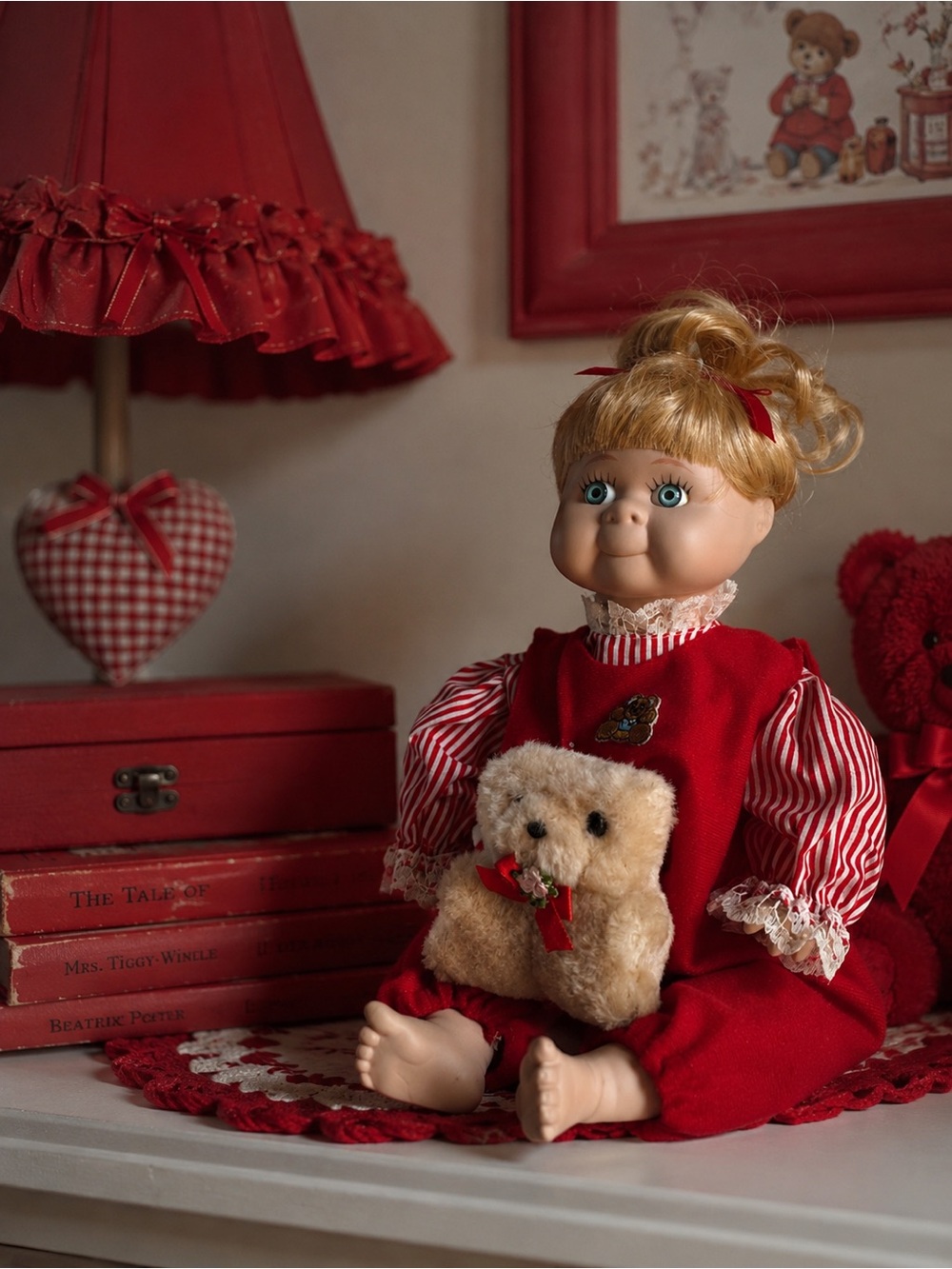 Vintage PRD-SBR Porcelain Teddy Bear Girl Doll in Red Dress in Box 10in